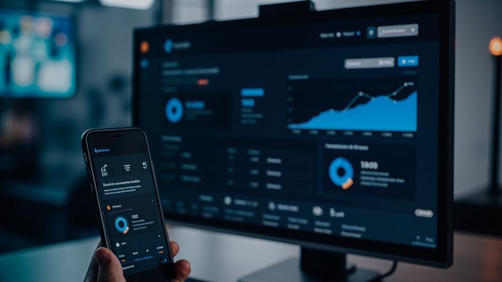 IPTV reseller dashboard met stijgende grafieken, 4K/HDR-iconen en WhatsApp‑support in een donkerblauwe stijl elitevieuw.nl