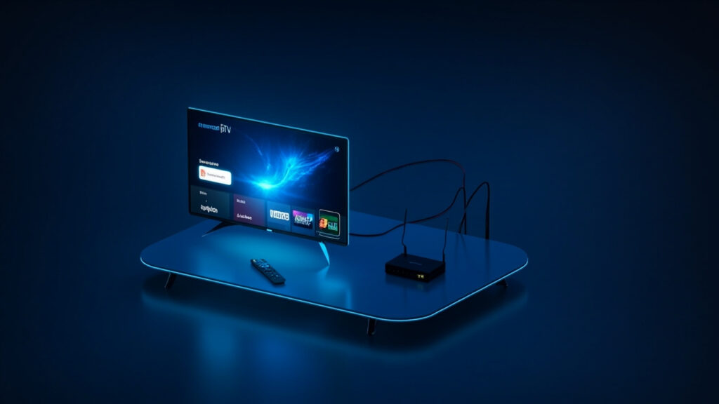 Faq - isometrische IPTV‑opstelling met smart‑tv en router in donkerblauwe EliteVieuw.nl‑stijl