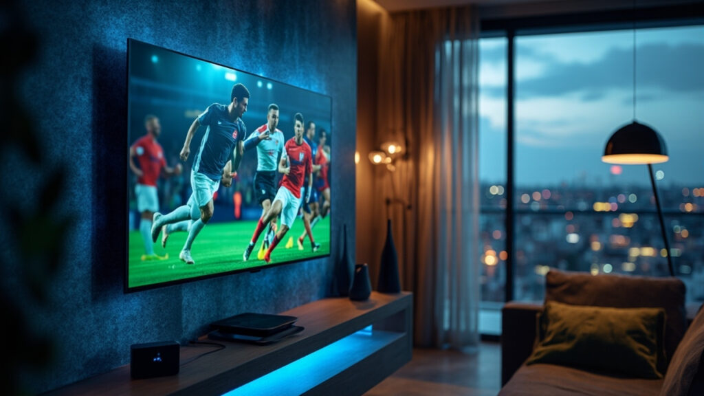 IPTV voordelen en nadelen in beeld: moderne woonkamer met 4K‑tv, IPTV‑interface, Google TV‑stick en Wi‑Fi 6 router – EliteVieuw.nl
