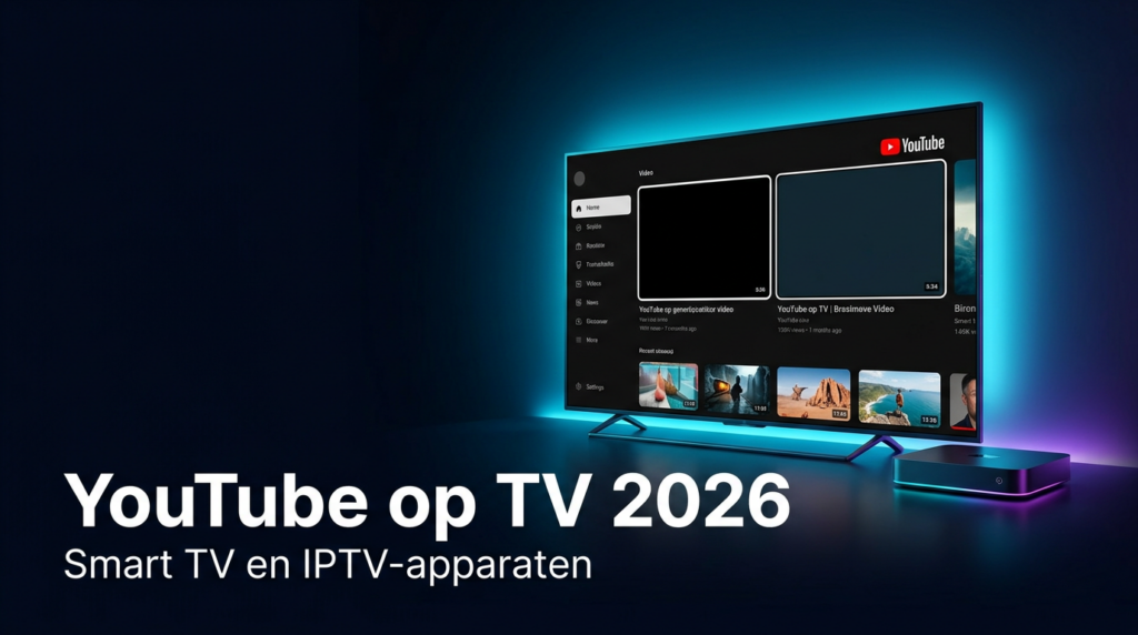 YouTube op Smart TV en IPTV-apparaten in 2026 op een moderne televisie met HD en 4K