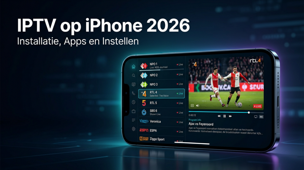 IPTV op iPhone in Nederland 2026 met moderne streaming app op een iPhone scherm