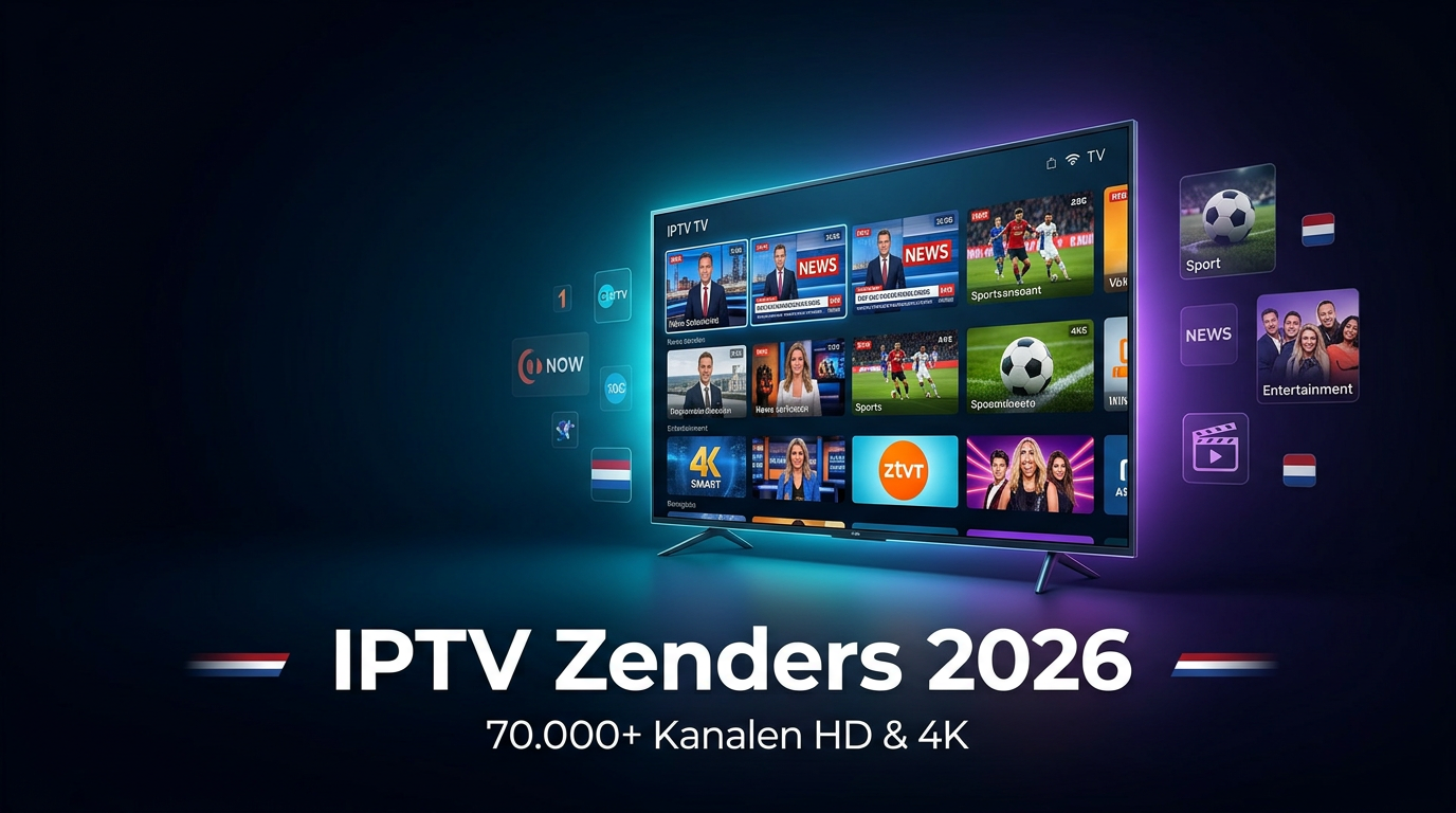 IPTV Nederlandse zenders in 2026: complete kijkgids Illustratie van IPTV Nederlandse zenders met nieuws, sport en entertainment op een televisiescherm