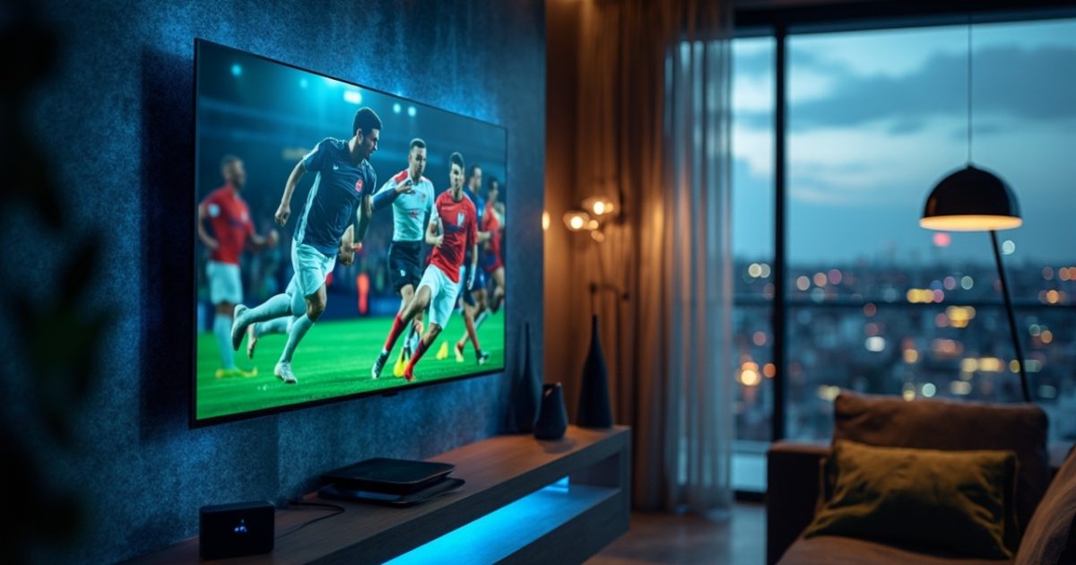 IPTV voordelen en nadelen in beeld: moderne woonkamer met 4K‑tv, IPTV‑interface, Google TV‑stick en Wi‑Fi 6 router – EliteVieuw.nl