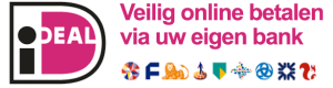 iDEAL-logo in roze en zwart met tekst “Veilig online betalen via uw eigen bank